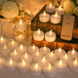 HULIANFU Pack of 12/24 Flickering Remote Control Candles Warm White/Yellow Electric Flameless Tealights For Valentine  Day Decoration