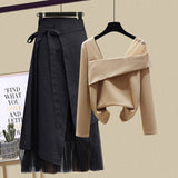 Hulianfu Women Sets Mesh Patchwork Slash Neck Tops + Asymmetric Skirt 2 Piece Suit Female Party Suits Elegant Casual Two Piece Set