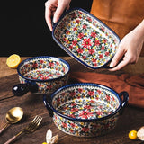 HULIANFU Krusoal Retro Ceramic Handle Salad Bowl Household Oven Breakfast Bake Pan Microwave Bohemia Binaural Soup In-glaze Tableware