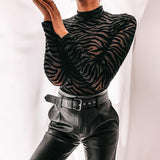 Hulianfu Black Mesh Transparent Sexy Bodysuit Long Sleeve Slim Skinny Stripe Mock Neck Casual Rompers Women Lady Party Club Body