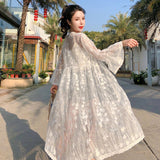 Hulianfu Women Blouse Sun Protection Outerwear Fashion Long Flare Sleeve Mesh Embroidery Thin Loose Party Holiday Maiden Outerwear Sexy
