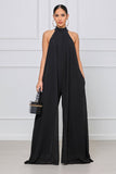hulianfu Women  Sleeveless High Neck Fashion Sexy Solid Color Casual Chiffon Loose Temperament One-Piece Pants Jumpsuit