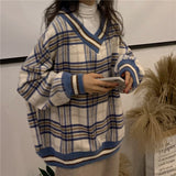 Oversized Hoodie Plaid Pullovers V-Neck Long Sleeve Top Women Loose Korean Fashion Clothing Harajuku Sweatshirt Women Clothing