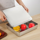 HULIANFU Thicken Stainless Steel Storage Tray with Lid Rectangle Food Plate Flat Bottom Dish Bakeware Cake Bread Baking Pan Kitchen Tools