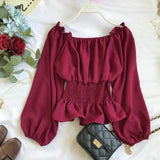 Hulianfu Youth Elegant Blouse Women Chiffon Fashion Blouse Off Shoulder White Shirt Ruffle Puff Sleeve Top Office wear