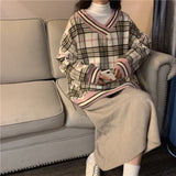 Oversized Hoodie Plaid Pullovers V-Neck Long Sleeve Top Women Loose Korean Fashion Clothing Harajuku Sweatshirt Women Clothing