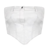 Hulianfu White Strapless Cropped Tube Top Women Sexy Backless Boob Tube Crop Tops Zipper Black Thread Camisole Summer