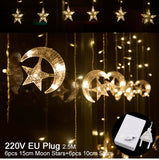HULIANFU Star Moon Led Curtain Garland String Light Eid Mubarak Ramadan Decoration Islam Muslim Party Decor Eid Al Adha Gift Eid Mubarak