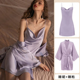 hulianfu Luxury Sexy Women Silk Kimono Bathrobe Purple Bride Bridesmaid Wedding Robe Set Lace Sleepwear Casual Home Clothes Nightwear