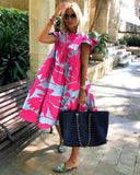 hulianfu Women Casual Vintage Petal Short Sleeve Dress Summer Loose Daisy Floral Print Beach Dress Elegant O Neck Party Dress Vestido