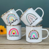 HULIANFU Rainbow Teacher Printed Enamel Mug Creative Retro Coffee Water Cups Drink Dessert Milk Cup Mugs Handle Drinkware Teacher Gifts