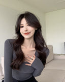 Hulianfu Soft Elastic Tees Women U-neck Cropped T-shirts Girls Full Sleeve Sheath Tshirt Basic Crop Tops Girls Base Undershirts