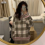 Oversized Hoodie Plaid Pullovers V-Neck Long Sleeve Top Women Loose Korean Fashion Clothing Harajuku Sweatshirt Women Clothing