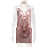 hulianfu Handmade Backless Sequin Metal Mesh Dress Women Chain Halter Rhinestone Chain Slit Night Club Birthday Party Dress Mini