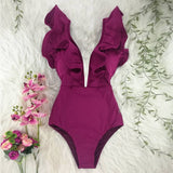 New Sexy Ruffle Print Floral One Piece Swimsuit Off The Shoulder Swimwear Women Solid Deep-V Beachwear Bathing Suit Monkini