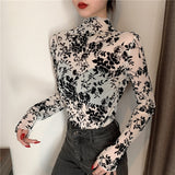 Hulianfu Girls Transparent Corduroy Printing Mesh T-Shirts Tees Female Turtleneck Full Sleeve Tshirt Tops For Women