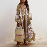 hulianfu Spring Elegant Floral Print Tassel Long Party Dress Vintage Long Lantern Sleeve Ladies Dresses Women V Neck Casual Loose Dress