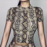 Hulianfu Sexy Crop Top Women Snake Print Tank Top Slim Primer High Collar Vest Harajuku Crop Tank Top T Shirt Femme Girls Camis Tops