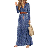 hulianfu Womens Long Dress Summer V-neck Boho Belted Maxi Dress Casual Sexy Party Dress Ladies Bohemian Beach Holiday Sundress