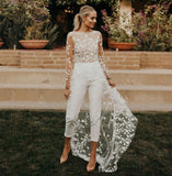 hulianfu Sexy Open Back Pant Suit Wedding Party Bride Gowns Applique Lace Long Sleeves pants suit wedding Dress  Cheap Formal Dress