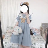hulianfu Harajuku Sailor Collar Navy Dress Japanese Lolita Sweet Bow-knot Girl Retro Cotton Kawaii Preppy Style Short Sleeve Dress Women