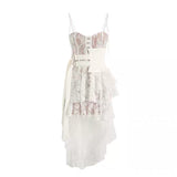 Lace High-low Sexy Summer Dress White Straps Belt Tied Women Dress D-ring Holiday Chic Ladies Party Dresses