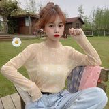 Hulianfu Angel Print Sheer Blue Black Mesh Long Sleeve Blouse Shirts Women Spring Summer Pullovers Elegant Sexy See Through Tops
