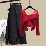 Hulianfu Women Sets Mesh Patchwork Slash Neck Tops + Asymmetric Skirt 2 Piece Suit Female Party Suits Elegant Casual Two Piece Set