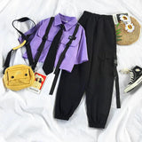 hulianfu  Spring Streetwear Pants High-Waist Straight Ribbon Cargo Pants Student Loose Short-Sleeved Shirt with Tie two-piece Set