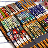 HULIANFU Reusable 5 Pair Set Handmade Bamboo Japanese Natural Wood Chopsticks Sushi Food Cat Flower Multi color Wooden Chop sticks
