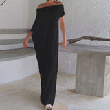 Splice Contrast Panel Women Dress Summer Casual Loose Off Shoulder Short Sleeve Ladies Irregular Maxi Long Dress Vestidos