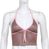 Pink Heart Print Cute Bustier Crop Top Women Y2K Aesthetic Kawaii Clothes Sleeveless Backless Lace Up Bralette Camisole