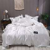 HULIANFU Pure Satin Silk Bedding Set Lace Luxury Duvet Cover Set Single Double Queen King Size 240x220 Couple Quilt Covers White Gray Red
