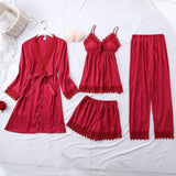 hulianfu Women Pajamas Set Satin 4PCS Sleepwear Bathrobe Striped Nightwear With Lace Soft Intimate Lingerie Casual Homewear