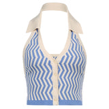 Streetwear Fashion Striped y2k Halter Knitted Vest For Women Sexy Backless Slim Outfits Female Tank Tops Autumn
