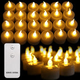 HULIANFU Pack of 12/24 Flickering Remote Control Candles Warm White/Yellow Electric Flameless Tealights For Valentine  Day Decoration