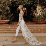 hulianfu Sexy Open Back Pant Suit Wedding Party Bride Gowns Applique Lace Long Sleeves pants suit wedding Dress  Cheap Formal Dress