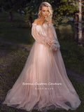hulianfu  Sweet Dusty Pink Prom Dresses Off Shoulder Long Sleeves Princess Party Dresses Pleated Tulle A-Line Formal Evening Gowns