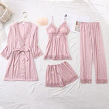 hulianfu Women Pajamas Set Satin 4PCS Sleepwear Bathrobe Striped Nightwear With Lace Soft Intimate Lingerie Casual Homewear