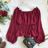 Hulianfu Youth Elegant Blouse Women Chiffon Fashion Blouse Off Shoulder White Shirt Ruffle Puff Sleeve Top Office wear