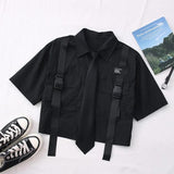 hulianfu  Spring Streetwear Pants High-Waist Straight Ribbon Cargo Pants Student Loose Short-Sleeved Shirt with Tie two-piece Set