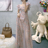 Hulianfu Vintage Chiffon Midi Dress Women Floral Print Design Korean Party Split Dress Female Summer Evening Beach Boho Dress 2021 Casual