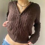 Knitted Sweater Women Hooded Cardigan Cropped Vintage Hoodies Y2K Solid Coat Women Sweater Outwear Long Sleeve Pull Femme