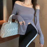 Hulianfu New Women's Slim Off-shoulder Full Sleeve T-shirts Girls Solid Stretchy Irregular Split Tshirt Tops Slash Neck Tees
