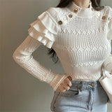 Hulianfu Full Sleeve Turtleneck Buttons Sweater Jumpers Girls Stretchy Chic Ruffles Autumn Spring Sweaters Pullovers Tops Women