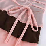 Hulianfu Y2K Aesthetic Pleated Skirts Women Low Waist Ruffles Mini Skirt Patchwork Pink Mesh Cute Kawaii Brown Bodycon Vintage Clothes