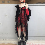 hulianfu Rosetic Gothic Mesh Pleated Sexy Strap Dress Women Dark Girl Summer Red Black Irregular Patchwork Designer Long Dresses