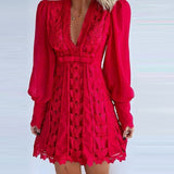 hulianfu Women Sheer Mesh Puff Sleeve Butterfly Lace Dress Women Dress