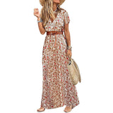 hulianfu Womens Long Dress Summer V-neck Boho Belted Maxi Dress Casual Sexy Party Dress Ladies Bohemian Beach Holiday Sundress