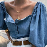 Hulianfu Off Shoulder Puff Sleeve Women's Shirs Autumn Sexy Single Breasted Female Denim Tops Spring Trend Fashion Ladies Shirts